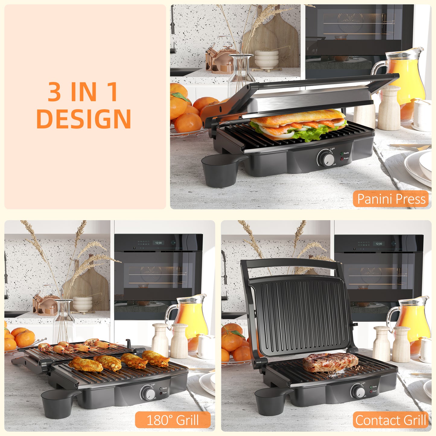 4 Slice Panini Press Grill, Stainless Steel Sandwich Maker with Non-Stick Double Plates, Locking Lids and Drip Tray, Opens 180 Degrees to Fit Any Type or Size of Food