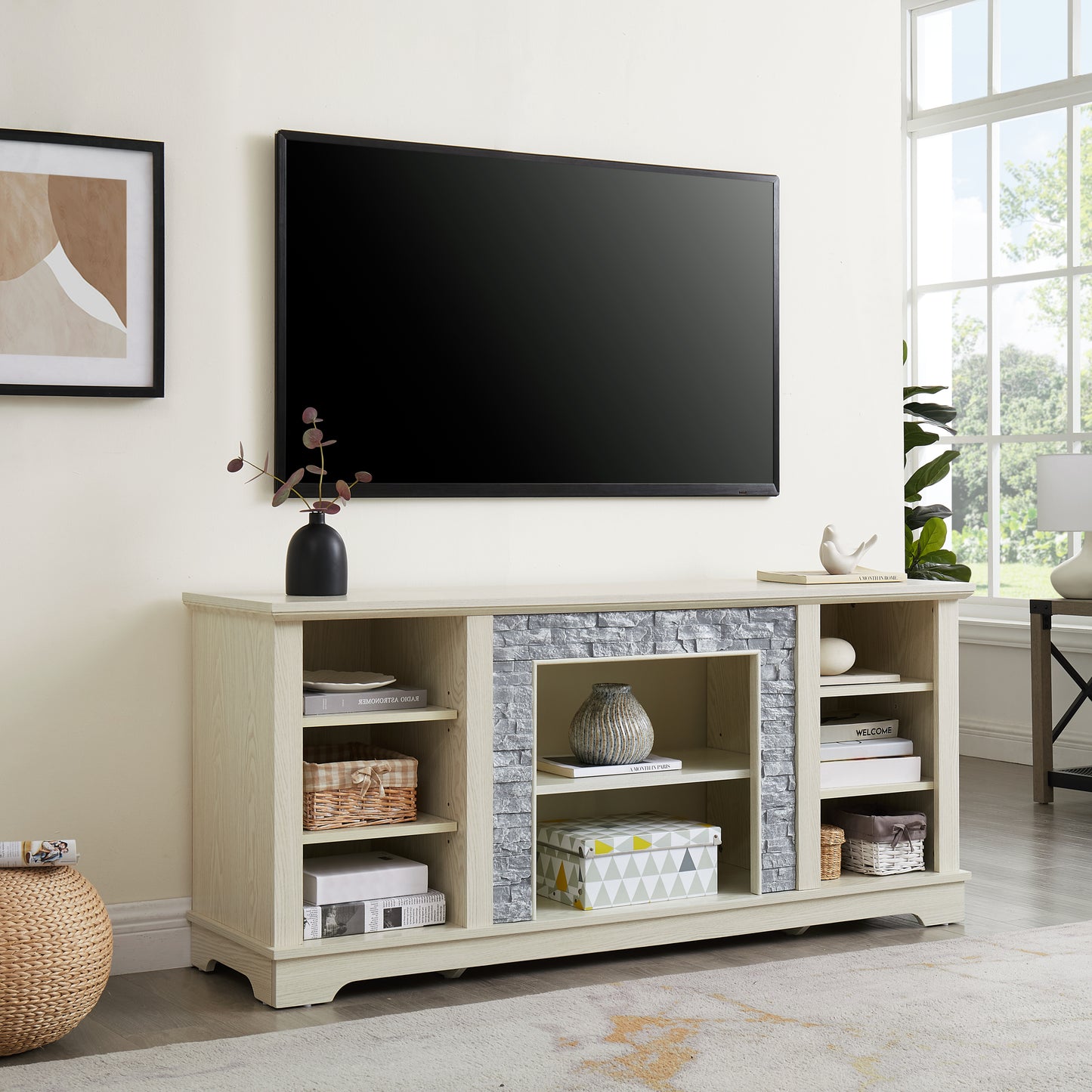 Mantel Stone TV Media Stand with with Faux Stacked Stone Surround, Modern Entertainment Console with Open Storage Space,WHITE, 58.31"W*15.39"D*26.06"H