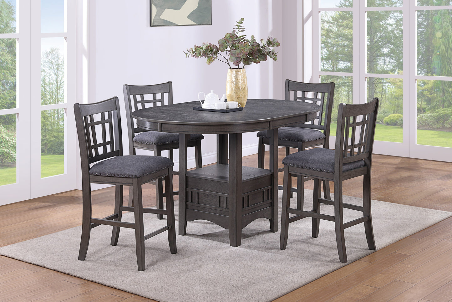 Dining Table Round Counter height Dining Table w Shelve 1pc Table Only Built In Leaf Solid wood Gray Finish