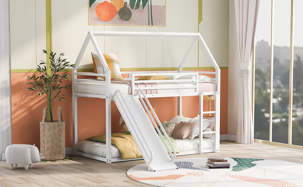 Twin over Twin House Bunk Bed with Ladder and Slide,White