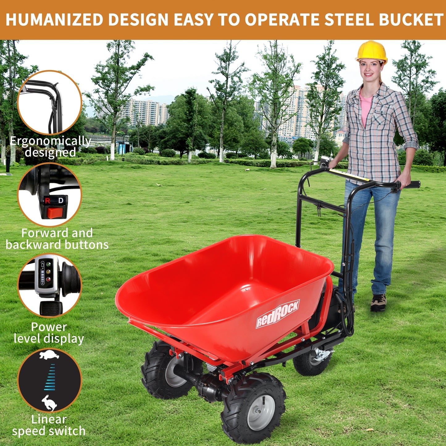 RedRock Wheelbarrow Utility Cart Electric Powered Cart 48V28Ah 500W Capacity 500lbs (230kg) Material Debris Hauler  1000lbs Towing