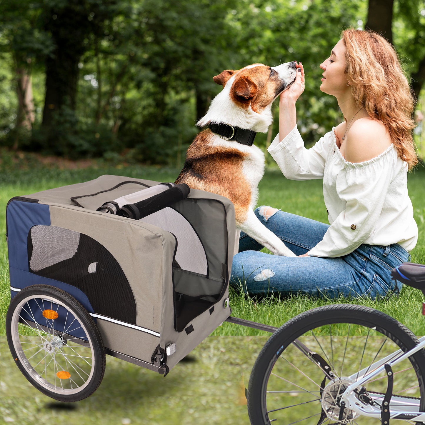 Dog Bike Trailer - Folding Pet Trailer Car for Bicycle, Folding Pet Carrier with 20 Inch Wheels, 2 Entrances, Safety Flag, Easy to Connect & Store