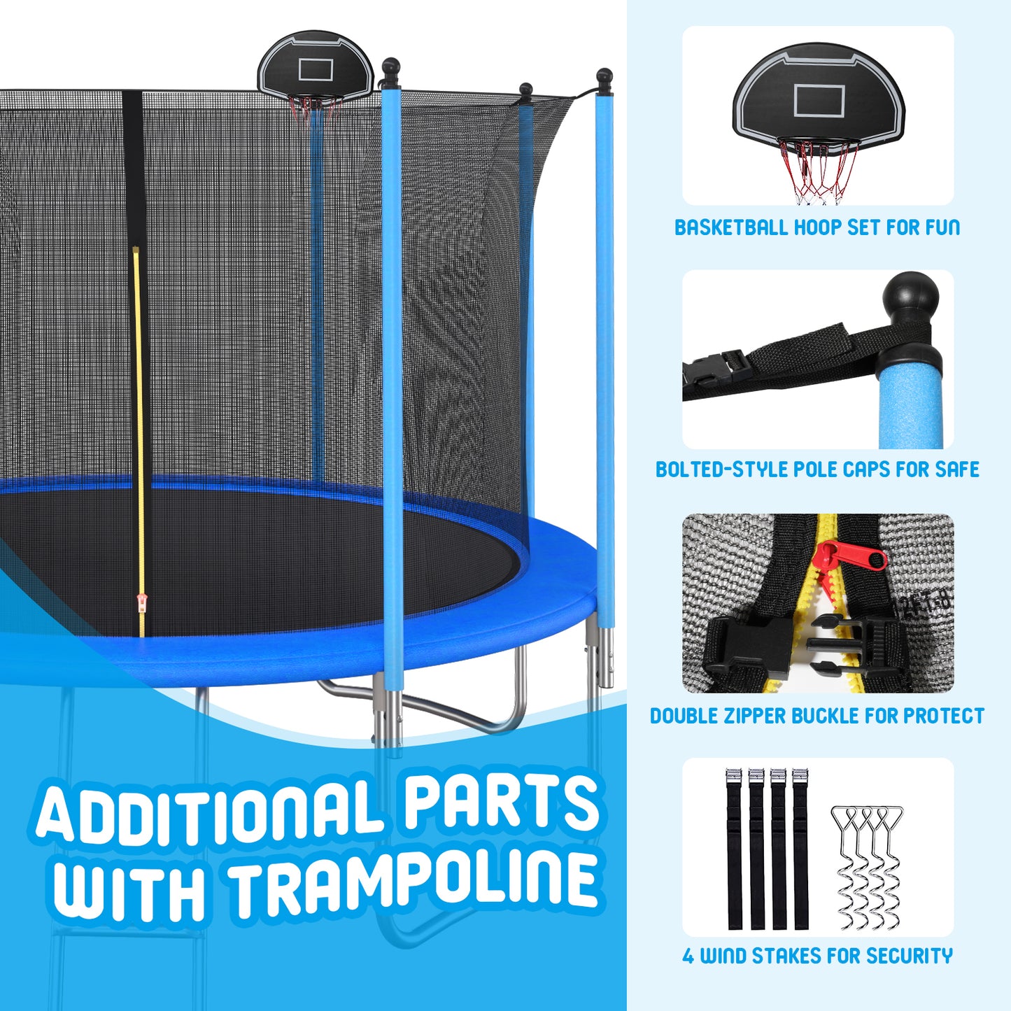 10 FT TRAMPOLINE INSIDE SAFETY NET WITH BASKETBALL HOOP