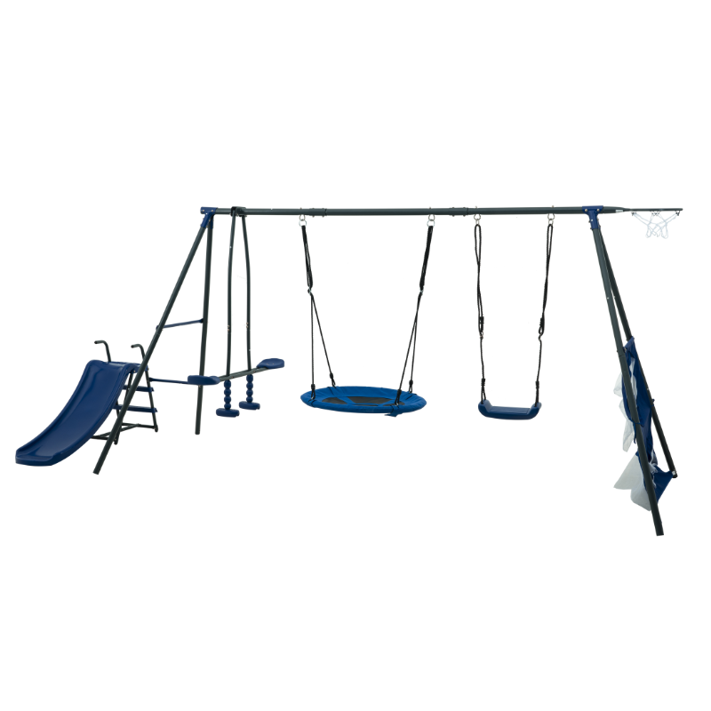 XNS052 grey and blue interesting six function swingset with net swing metal plastic safe swing set 440lbs for outdoor playground for age 3+ with 31.5in net swing