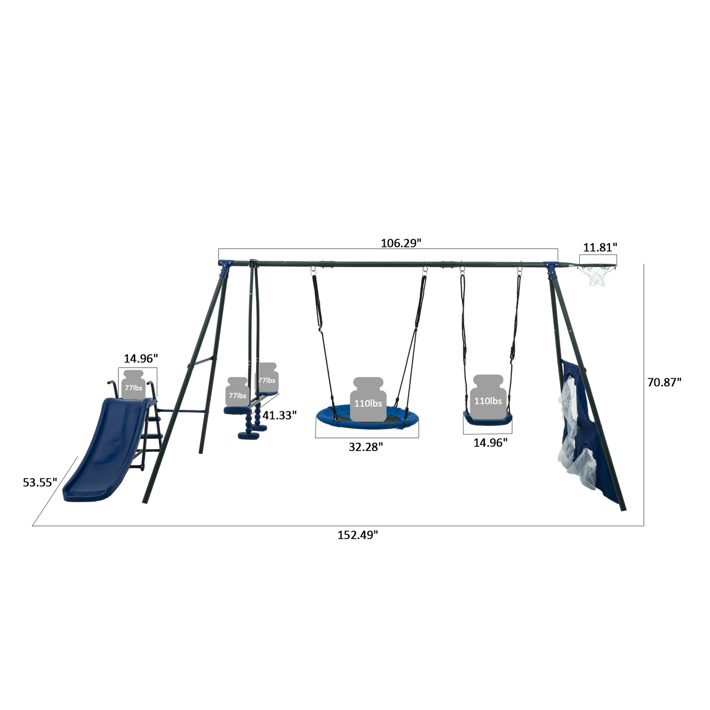 XNS052 grey and blue interesting six function swingset with net swing metal plastic safe swing set 440lbs for outdoor playground for age 3+ with 31.5in net swing