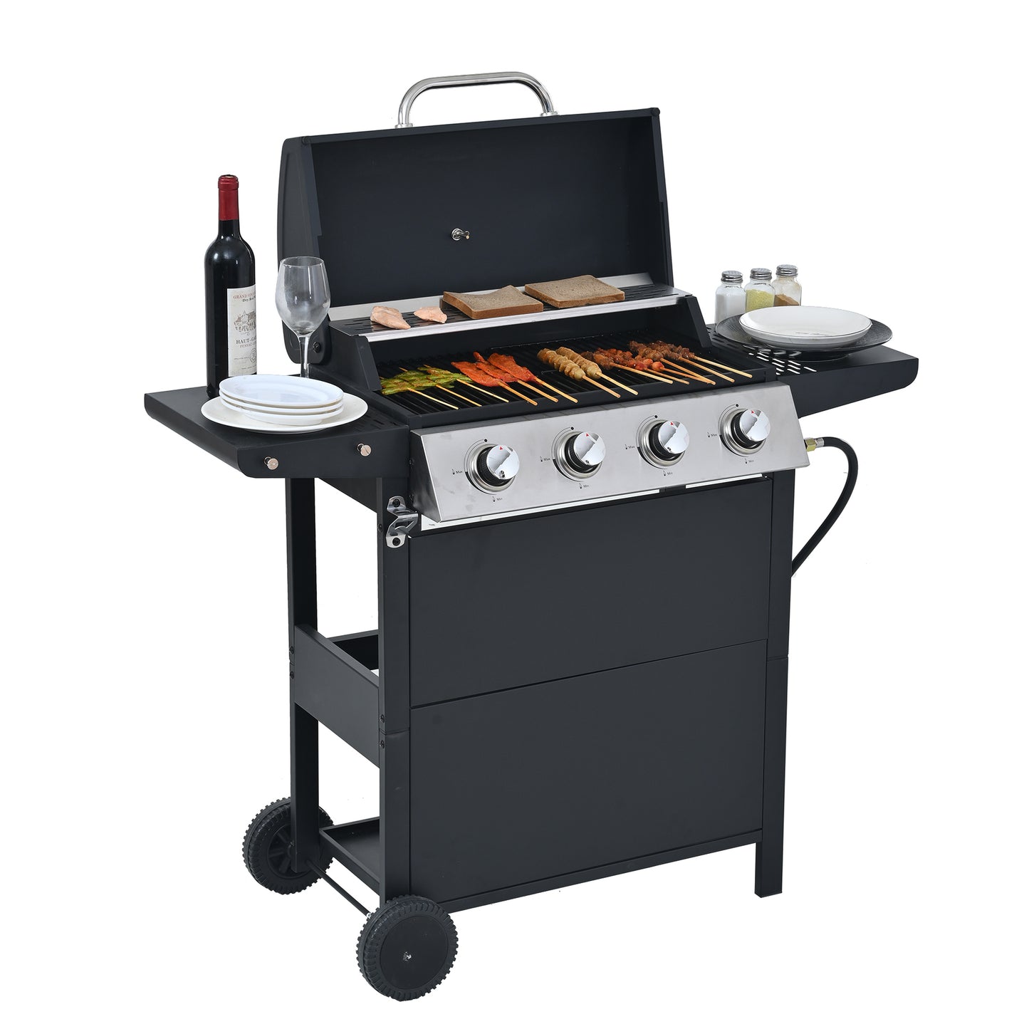 Propane Gas Grill 4 Burner Barbecue Grill, Stainless Steel 34,000 BTU Patio Garden Barbecue Grill with Two Shelves, Lid, Wheels and Bottle Opener