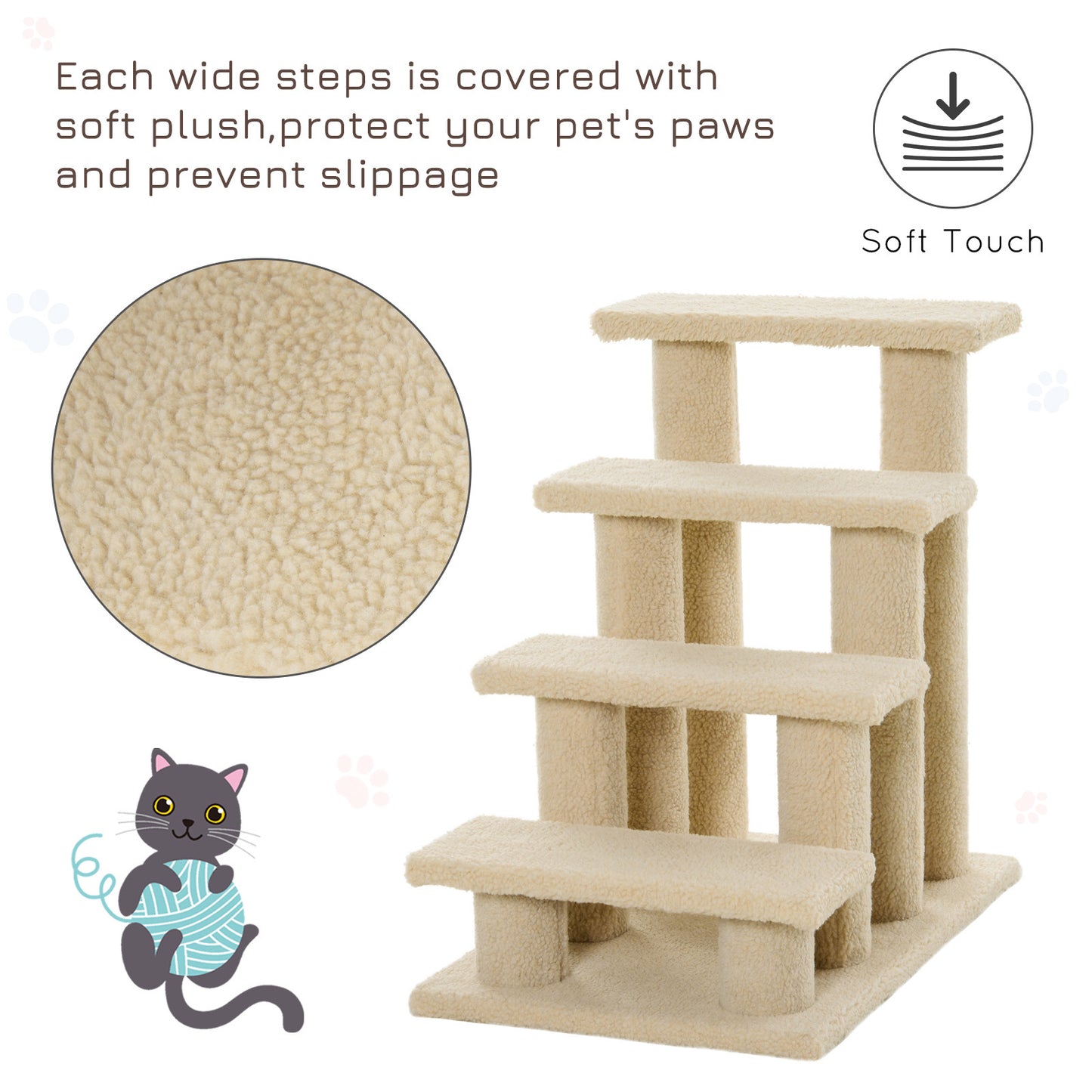 PawHut 25" 4-Step Multi-Level Carpeted Cat Scratching Post Pet Stairs, Beige